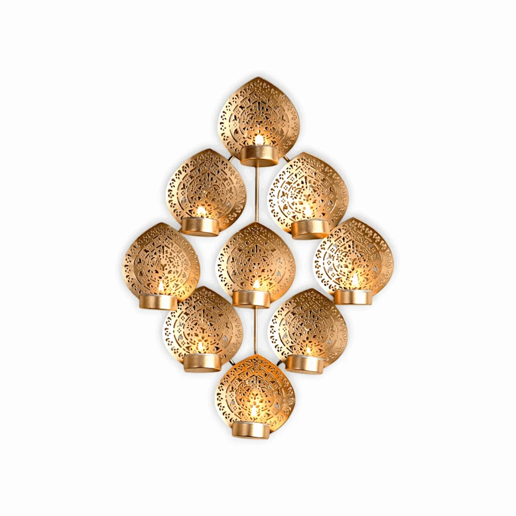 Elegant Gold Leaf Wall-Mounted Candle Holder - Tealight Candle Holder for Home Decor - Golden 9 Leaf Design Candle Holder Wall Hanging - Candle Holder with Intricate Cut-Out Design