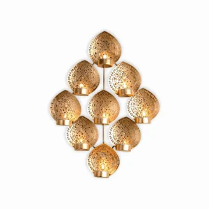 Elegant Gold Leaf Wall-Mounted Candle Holder - Tealight Candle Holder for Home Decor - Golden 9 Leaf Design Candle Holder Wall Hanging - Candle Holder with Intricate Cut-Out Design