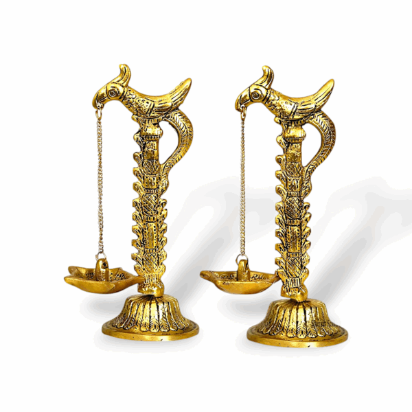 Golden Parrot Metal Diya Hanging with Bird Diya Pair - Parrot Design Metal Hanging with Chain Diya Pair - Metal Oil Lamp for Home Decor, Mandir Room Decoration Item, Wedding Gift - Image 2