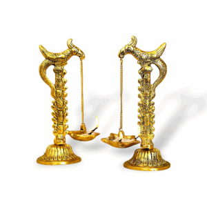 Golden Parrot Metal Diya Hanging with Bird Diya Pair - Parrot Design Metal Hanging with Chain Diya Pair - Metal Oil Lamp for Home Decor, Mandir Room Decoration Item, Wedding Gift