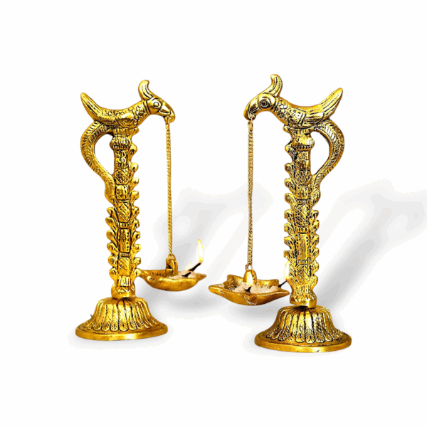 Golden Parrot Metal Diya Hanging with Bird Diya Pair - Parrot Design Metal Hanging with Chain Diya Pair - Metal Oil Lamp for Home Decor, Mandir Room Decoration Item, Wedding Gift
