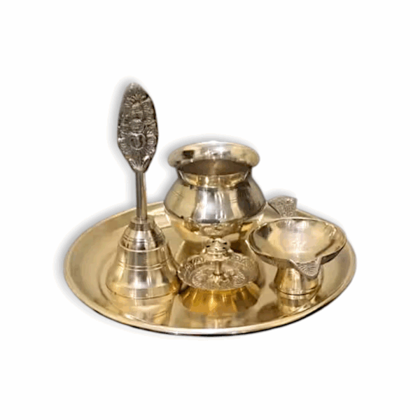 Traditional Brass Pooja Thali Set - Brass Pooja Thali Set with Bell, Incense Holder and Offerings Bowl, Gold-Toned - 7 inch Thali Set - Image 3