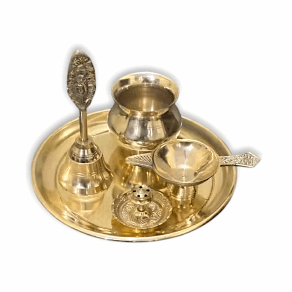 Traditional Brass Pooja Thali Set - Brass Pooja Thali Set with Bell, Incense Holder and Offerings Bowl, Gold-Toned - 7 inch Thali Set - Image 2