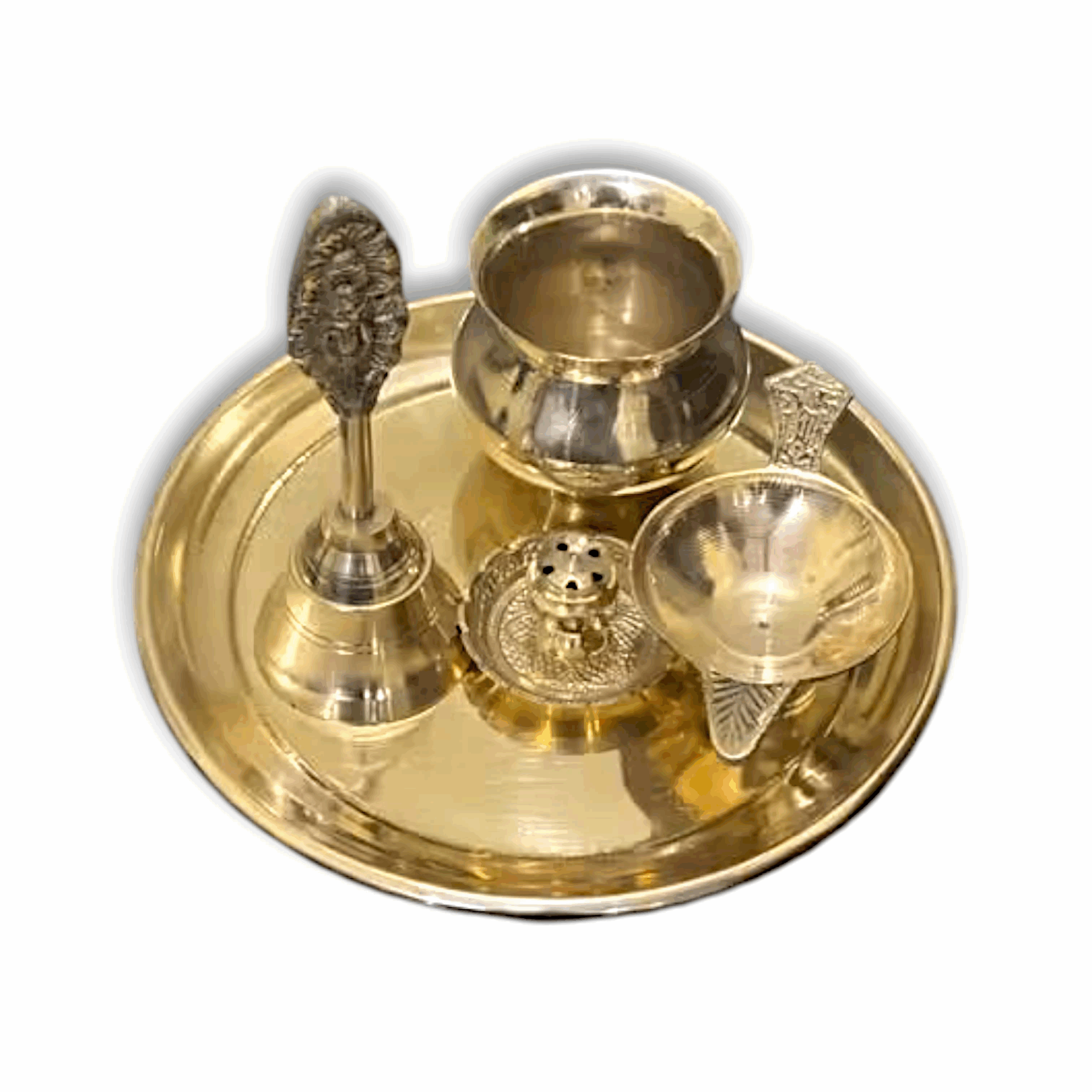 Traditional Brass Pooja Thali Set - Brass Pooja Thali Set with Bell, Incense Holder and Offerings Bowl, Gold-Toned - 7 inch Thali Set