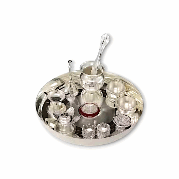 Silver Plated Pooja Thali Set - Pooja Thali Set 8 Inch - with Accessories Puja Wedding Return Gift Items Silver Plated - 11 Pieces - Image 2