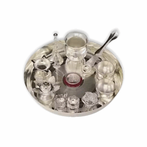 Silver Plated Pooja Thali Set - Pooja Thali Set 8 Inch - with Accessories Puja Wedding Return Gift Items Silver Plated - 11 Pieces