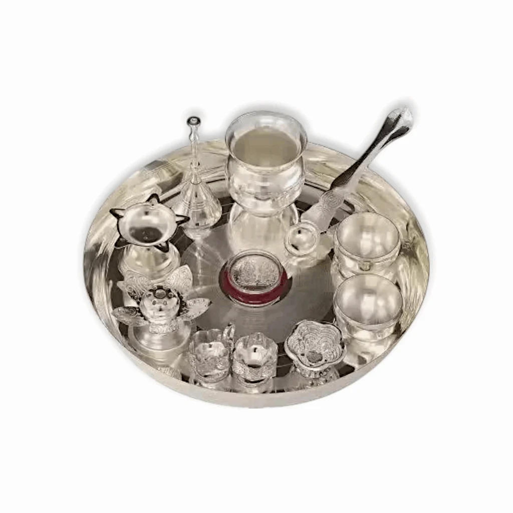 Silver Plated Pooja Thali Set - Pooja Thali Set 8 Inch - with Accessories Puja Wedding Return Gift Items Silver Plated - 11 Pieces