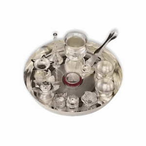 Silver Plated Pooja Thali Set - Pooja Thali Set 8 Inch - with Accessories Puja Wedding Return Gift Items Silver Plated - 11 Pieces