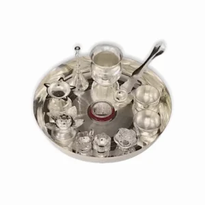 Silver Plated Pooja Thali Set - Pooja Thali Set 8 Inch - with Accessories Puja Wedding Return Gift Items Silver Plated - 11 Pieces