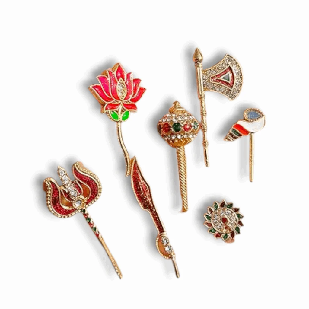 Navratri Special Matarani Astra Small Size - Set Of 7 - Sword, Chakra, Gadha, Pankha, Conch, Lotus & Trishul - Size No 4,5,6,7