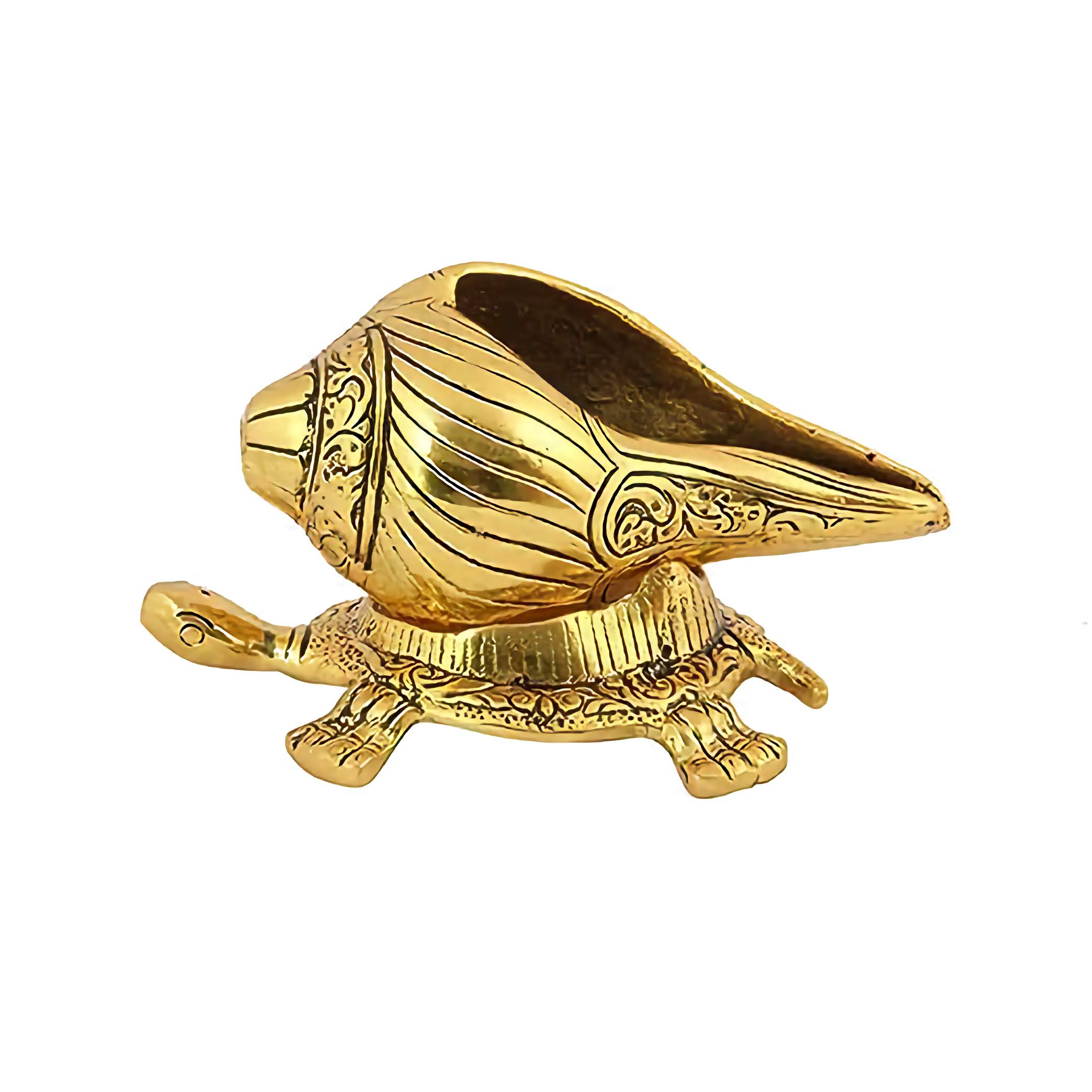 Metal Shank Placed On Tortoise Stand - Golden Colour Shank With Tortoise Stand For Pooja Purpose