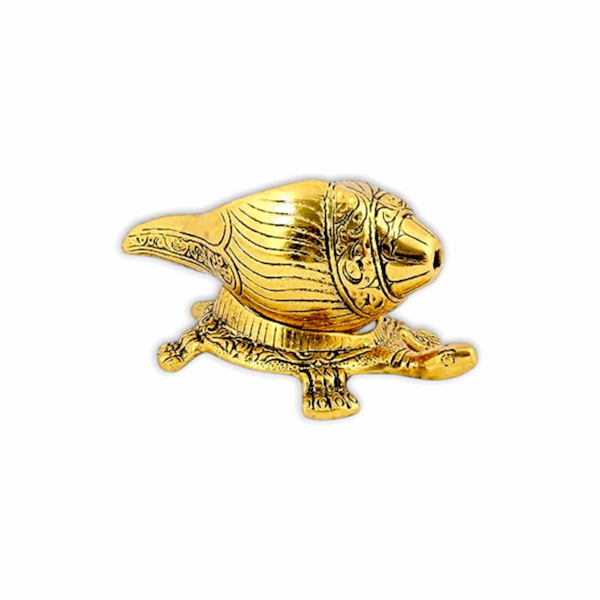 Metal Shank Placed On Tortoise Stand - Golden Colour Shank With Tortoise Stand For Pooja Purpose - Image 2