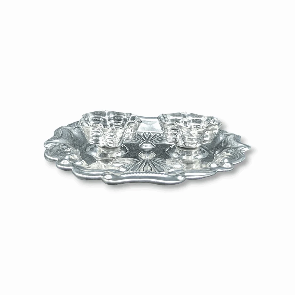 Silver Plated Haldi & Kumkum Holders with Decorative Tray - Haldi and Kumkum Holder Trey - Haldi and Kumkum Holder Made By German Silver Plating - Image 3
