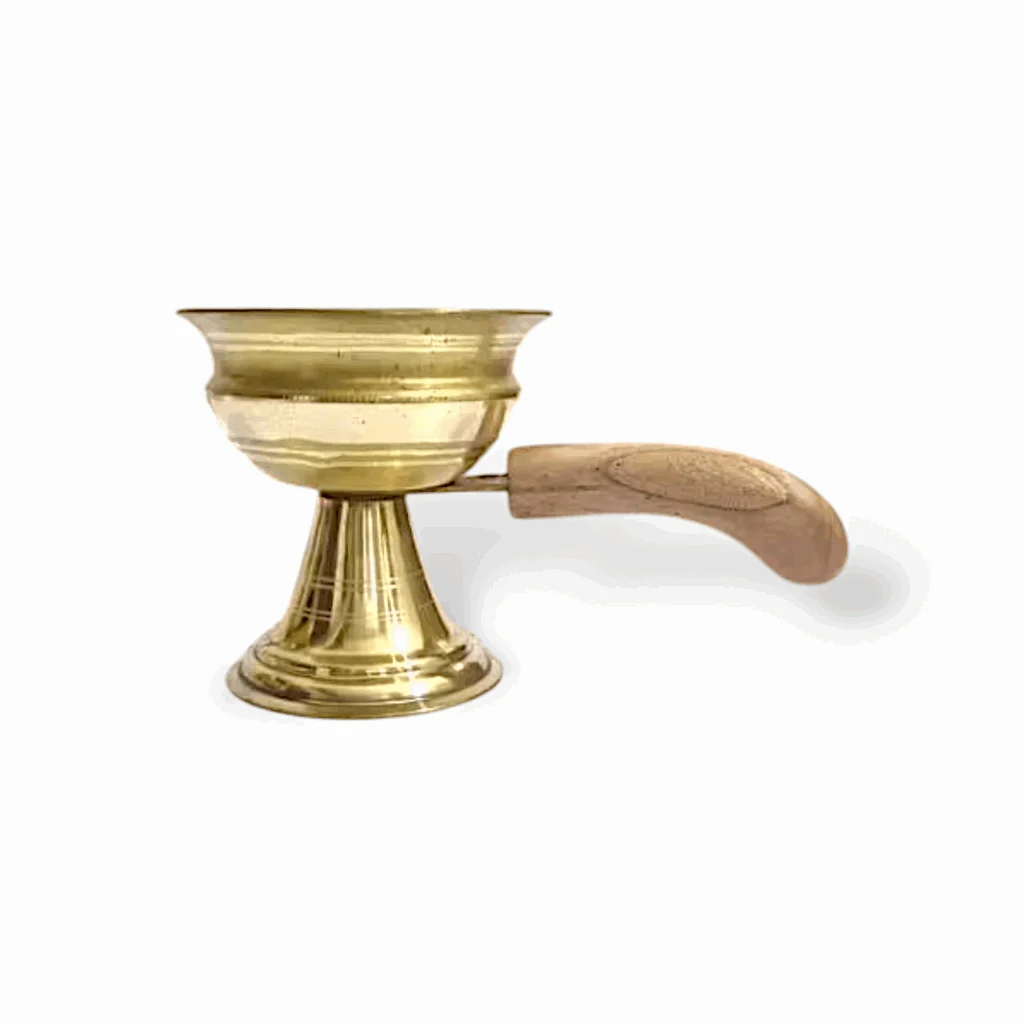 Pure Brass Dhuna Loban Burner with Wooden Handle - Brass Dhunuchi Dhoop Dani - Dhoop Dani Dhuni - Table Incense Burner for Loban, Dhunuchi for Puja - Image 3
