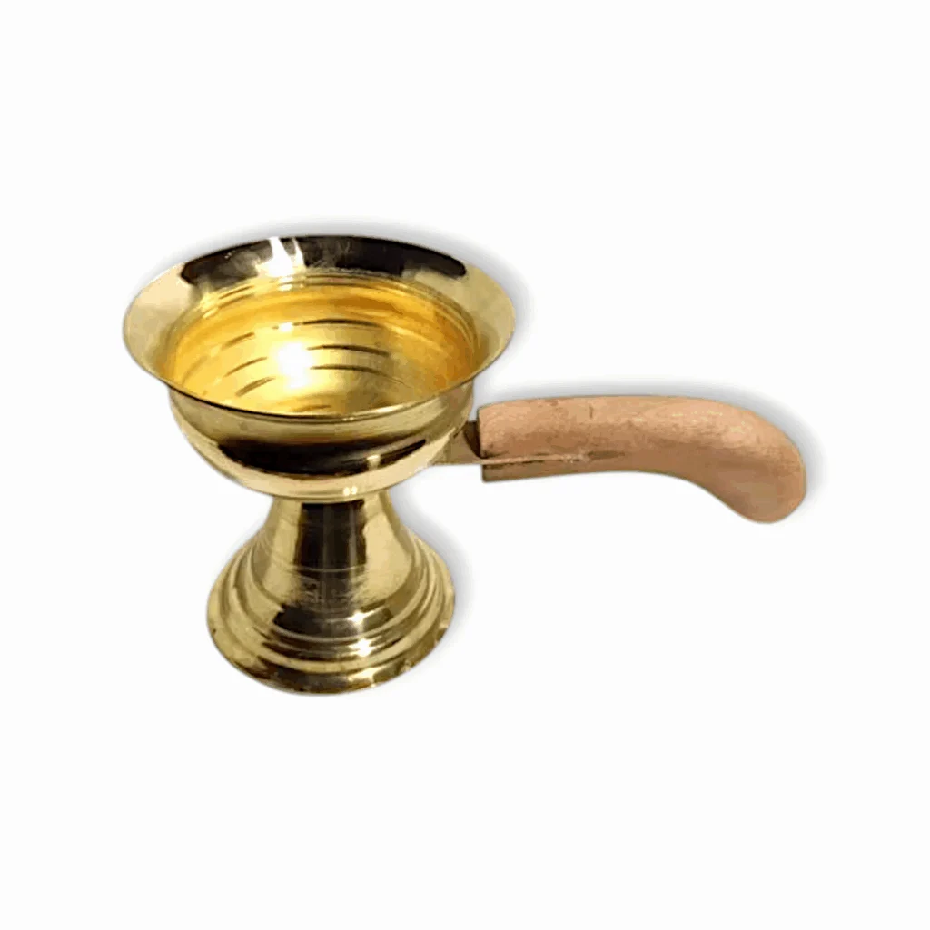 Pure Brass Dhuna Loban Burner with Wooden Handle - Brass Dhunuchi Dhoop Dani - Dhoop Dani Dhuni - Table Incense Burner for Loban, Dhunuchi for Puja