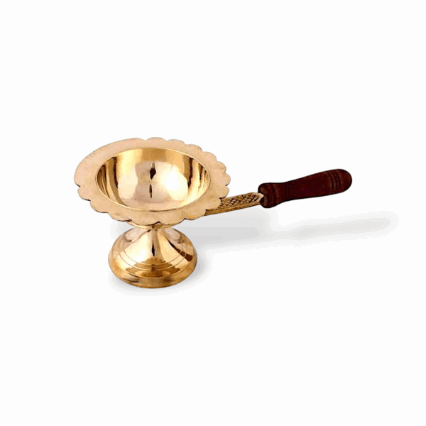Pure Brass Aarti Dhoop Dani with Wooden Handle - Brass Dhoop Dani - Camphor Burner for Pooja, Navratri, Jot and Home Decor - Image 3