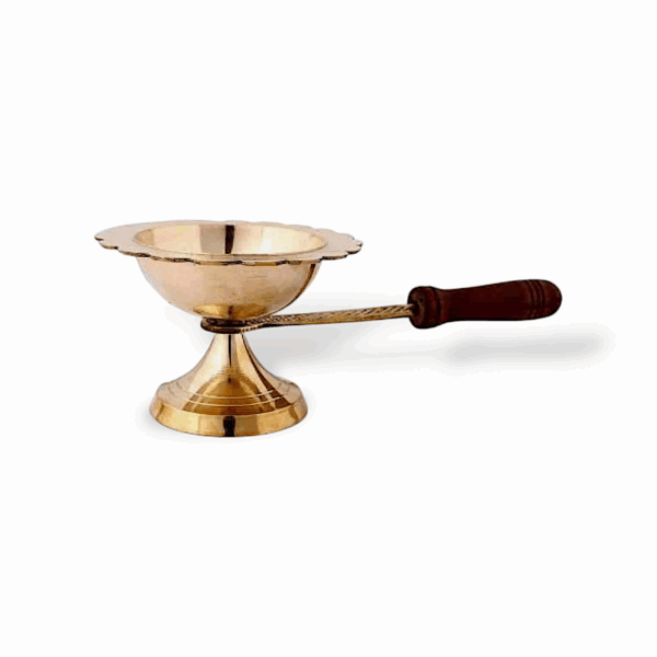 Pure Brass Aarti Dhoop Dani with Wooden Handle - Brass Dhoop Dani - Camphor Burner for Pooja, Navratri, Jot and Home Decor