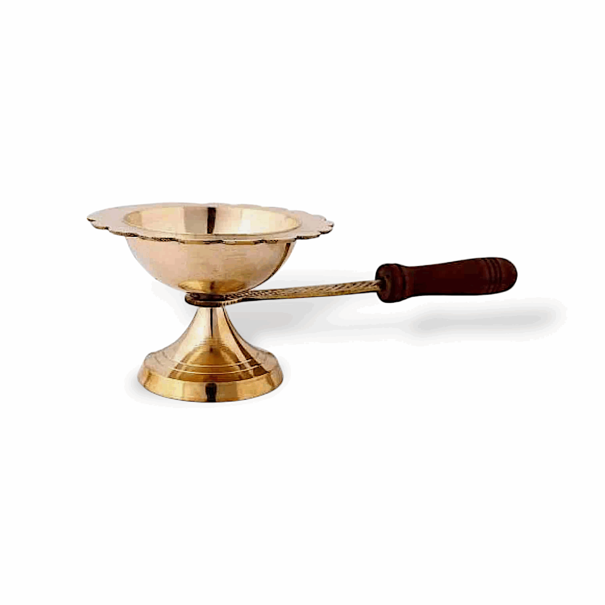 Pure Brass Aarti Dhoop Dani with Wooden Handle - Brass Dhoop Dani - Camphor Burner for Pooja, Navratri, Jot and Home Decor