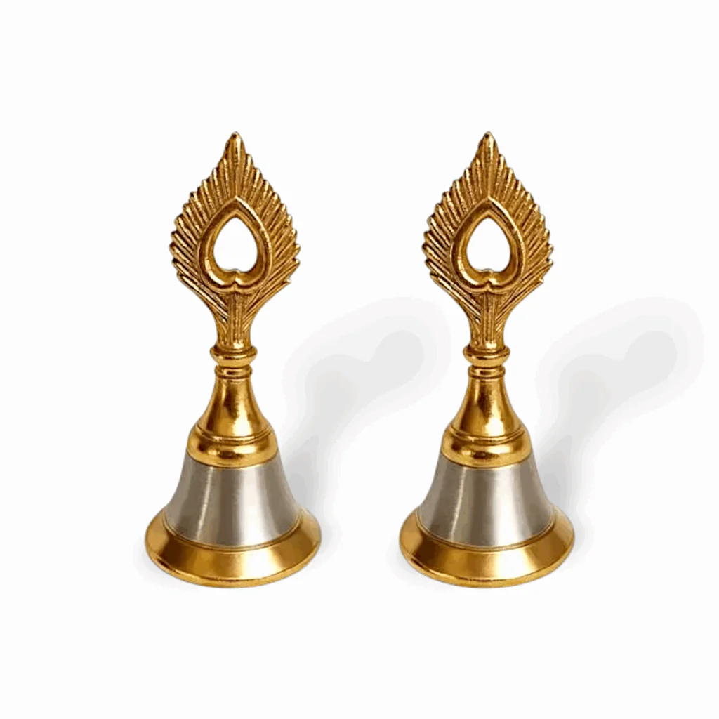 Pure Metal Pooja Bells - Pooja Ghanti - Gold & Silver Finish Pooja Bells - Spiritual Metal Krishna Mor Pankh Design Ghanti Bell for Every Ritual - Set of 2
