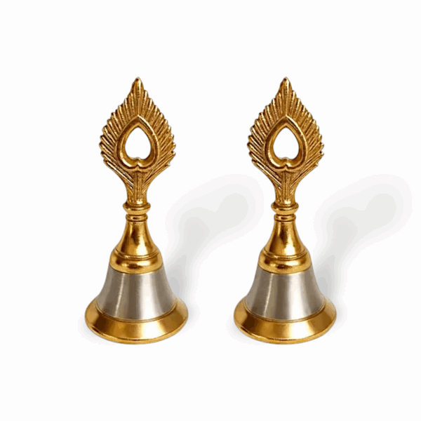 Pure Metal Pooja Bells - Pooja Ghanti - Gold & Silver Finish Pooja Bells - Spiritual Metal Krishna Mor Pankh Design Ghanti Bell for Every Ritual - Set of 2