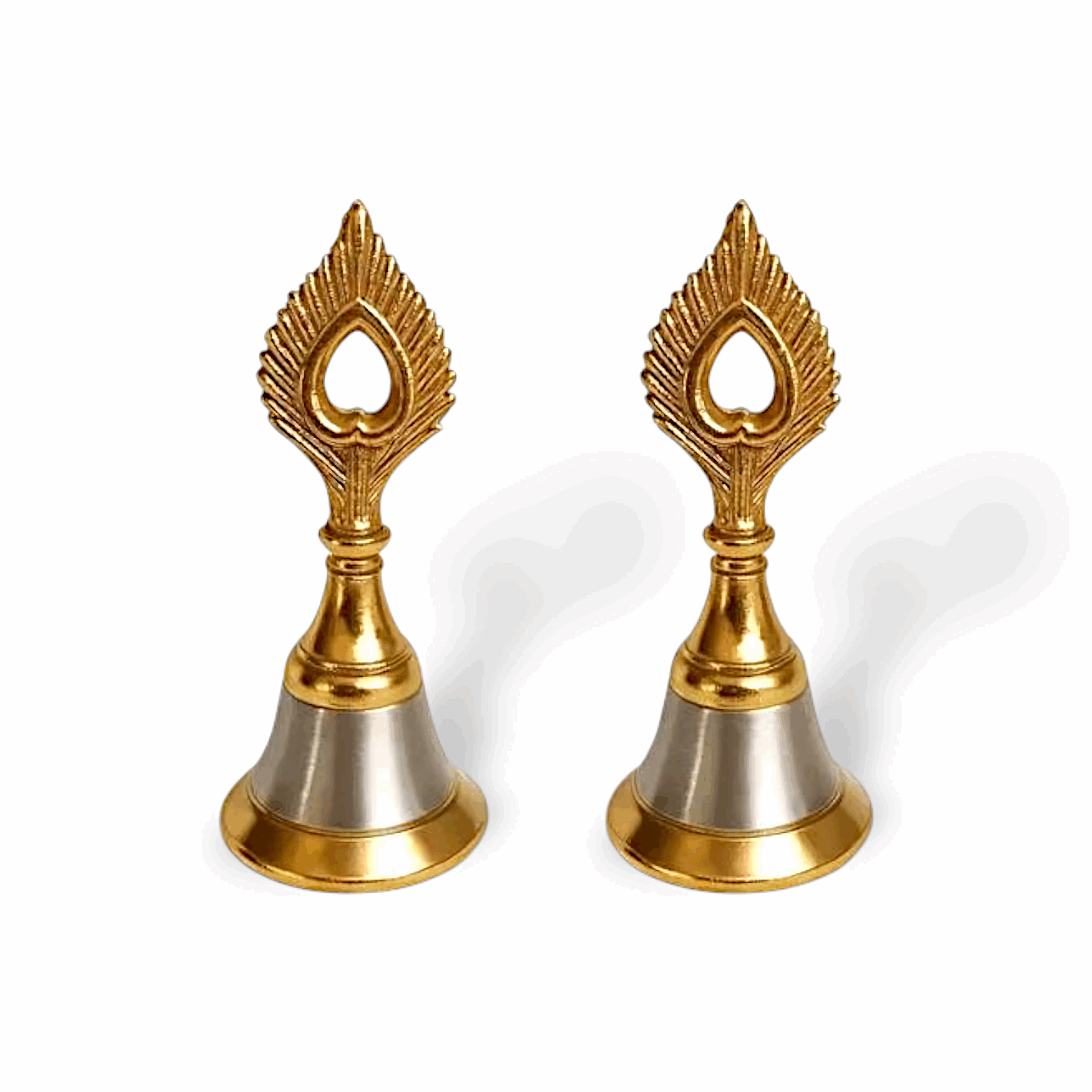 Pure Metal Pooja Bells - Pooja Ghanti - Gold & Silver Finish Pooja Bells - Spiritual Metal Krishna Mor Pankh Design Ghanti Bell for Every Ritual - Set of 2