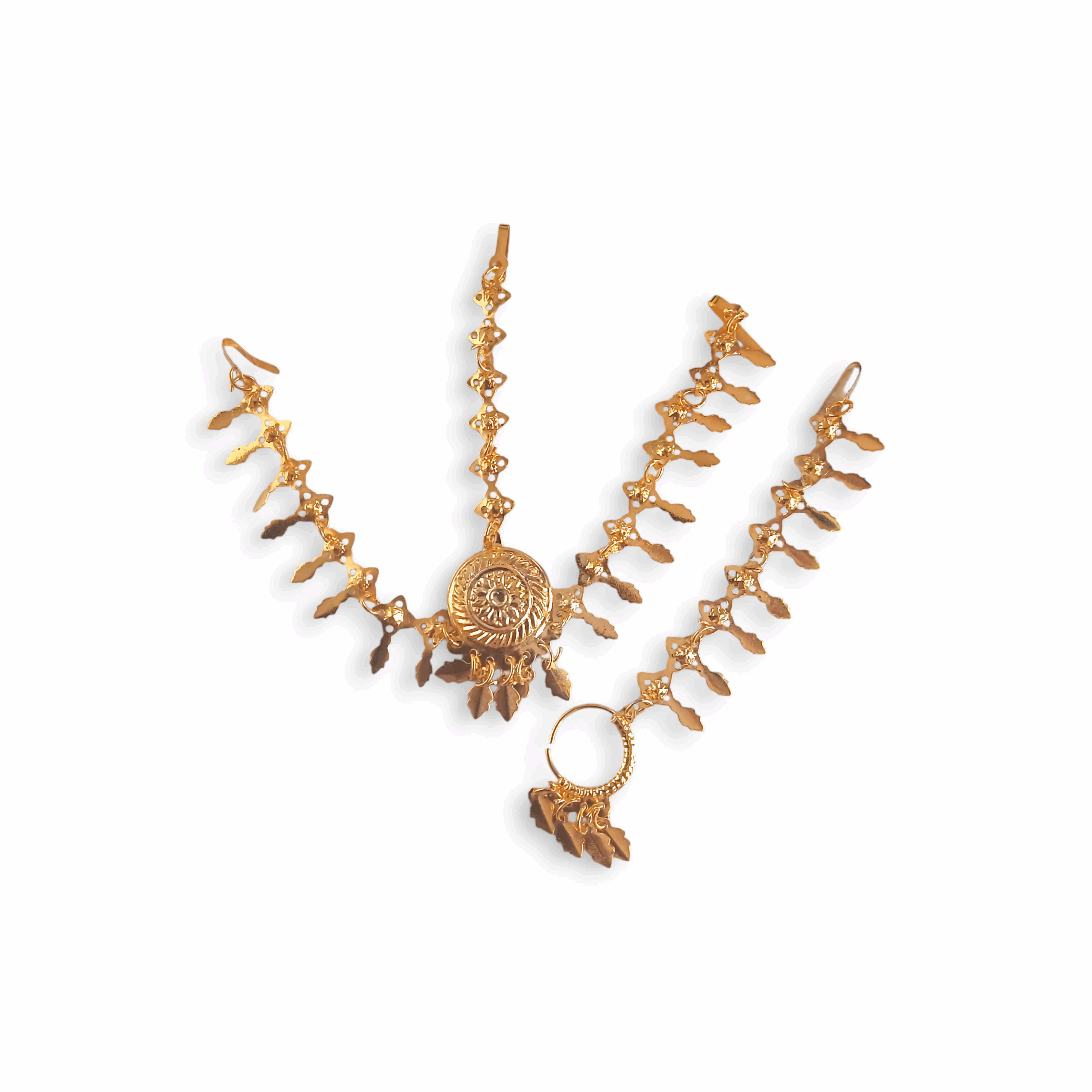 Tayra Tikli with Nose Pin - Gold Finish Tayra Tikli with Nath - Mathapatti - Tayra Tikli for Pooja Purpose - Maa Kali, Maa Durga, Laxmi Mata Sringar Set