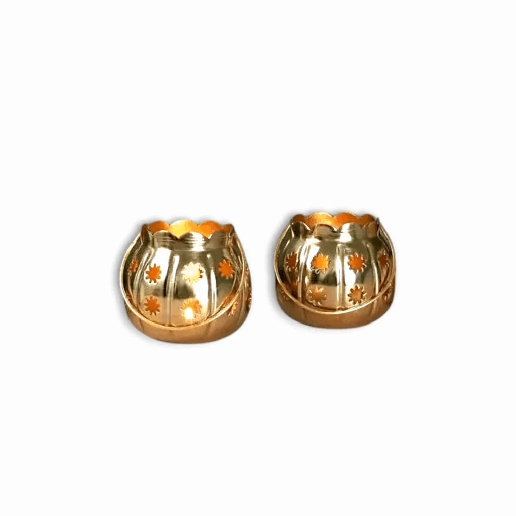 Metal Tealight Holders - Golden Floral Cutwork Diya Lanterns - Set of 2 Golden Metal Tealight Candle Holders For Puja Room And Decoration