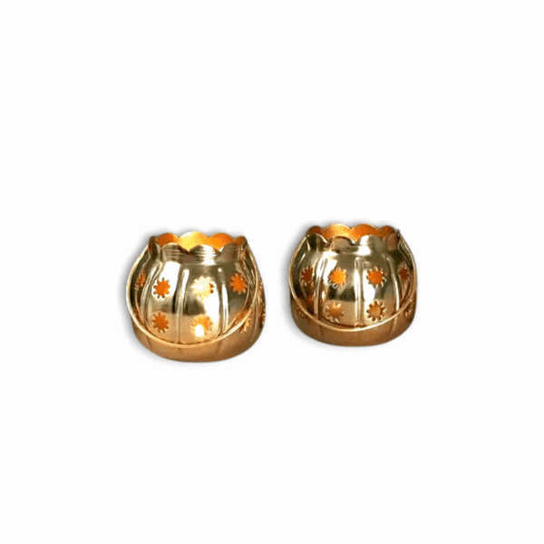 Metal Tealight Holders  -  Golden Floral Cutwork Diya Lanterns - Set of 2 Golden Metal Tealight Candle Holders For Puja Room And Decoration