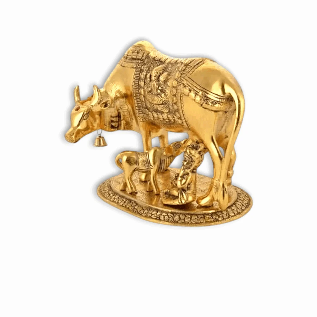 Hand Painted Kamdhenu - Divine Idol Of Kamdhenu Cow With Calf And Lord Krishna - Cow with Calf God Figure For Vastu ,Pooja Rooms, Or As A Thoughtful Spiritual Gift. - Image 4