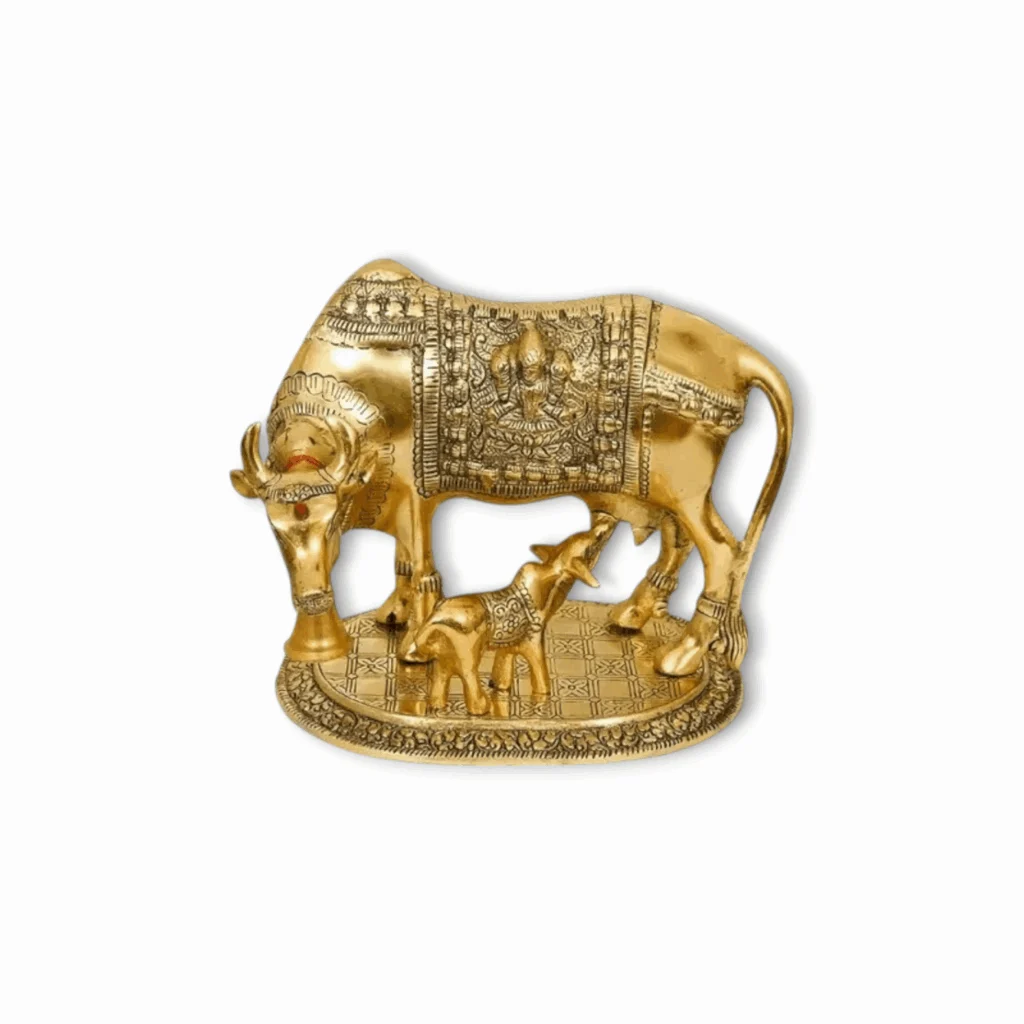 Hand Painted Kamdhenu - Divine Idol Of Kamdhenu Cow With Calf And Lord Krishna - Cow with Calf God Figure For Vastu ,Pooja Rooms, Or As A Thoughtful Spiritual Gift.