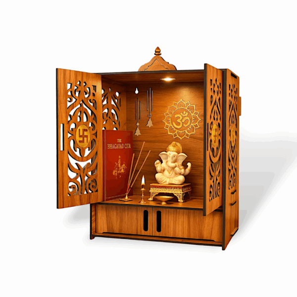 Wooden Temple Mandir for Home - Office with Door Cabinets - Beautiful Pooja Unit with Storage Space - With LED Light and Wall Mounts - Elegant Pooja Mandir for Home - Image 4