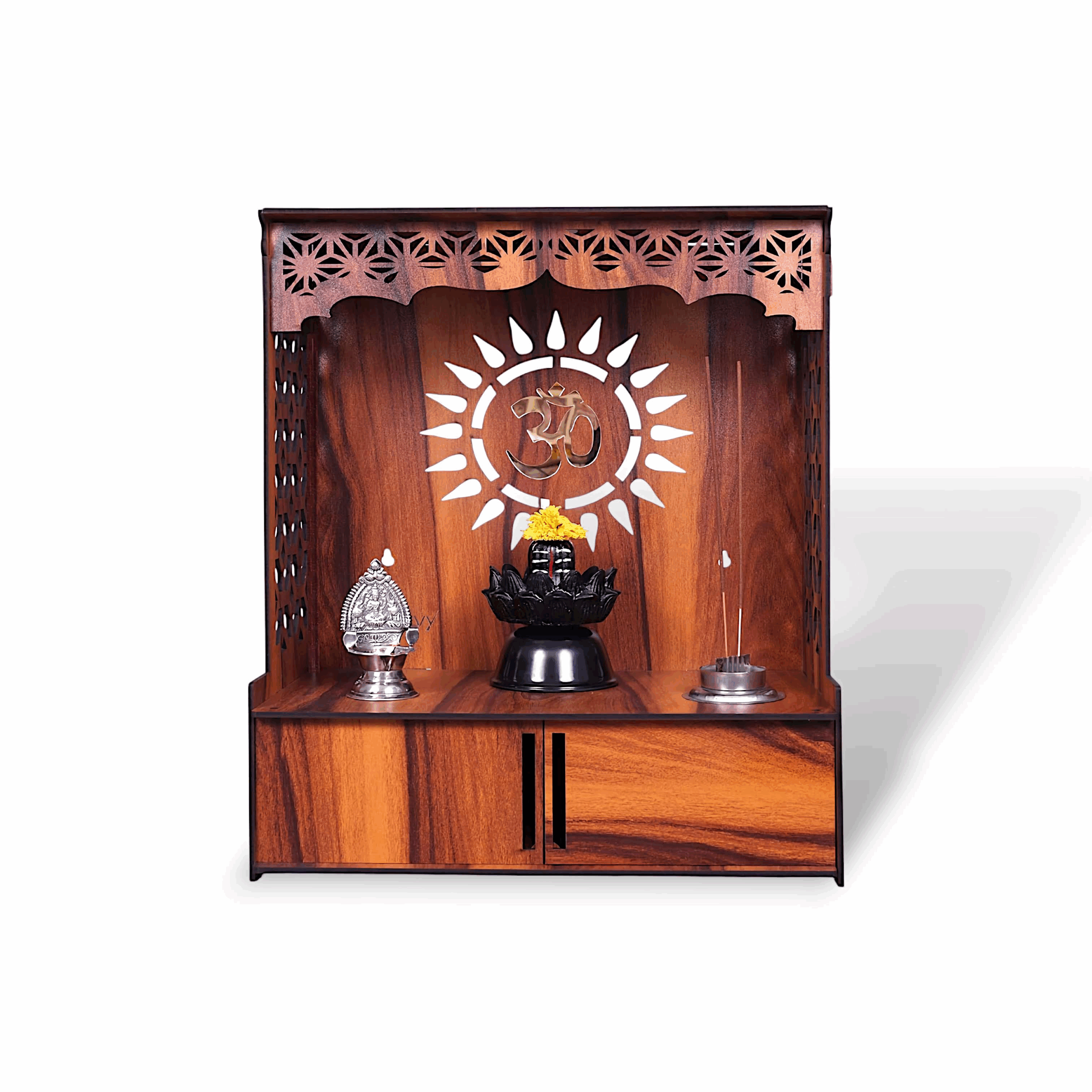 Wooden Temple for Home and Office With Door - Compact Pooja Mandir Temple - Assembly Required - Wall Mounted Wooden Temple for Home and Office with LED Light