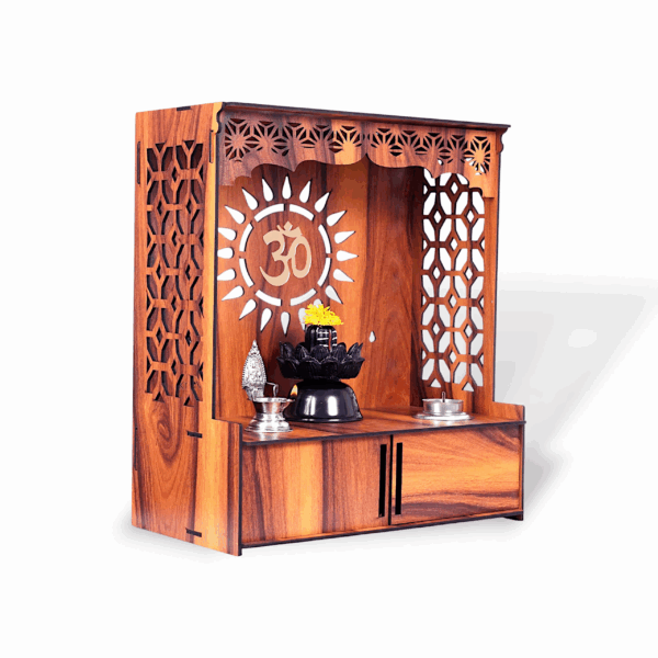Wooden Temple for Home and Office With Door - Compact Pooja Mandir Temple - Assembly Required - Wall Mounted Wooden Temple for Home and Office with LED Light - Image 2