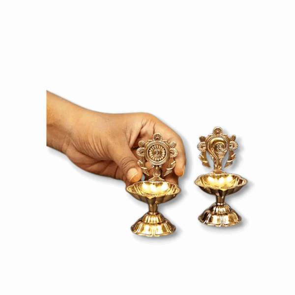 Pure Brass Shanku Chakra Diya - Small Oil Lamp for Home Temple Puja , Decor And Gifting - (4.5 inch, Set of 2) - Image 4