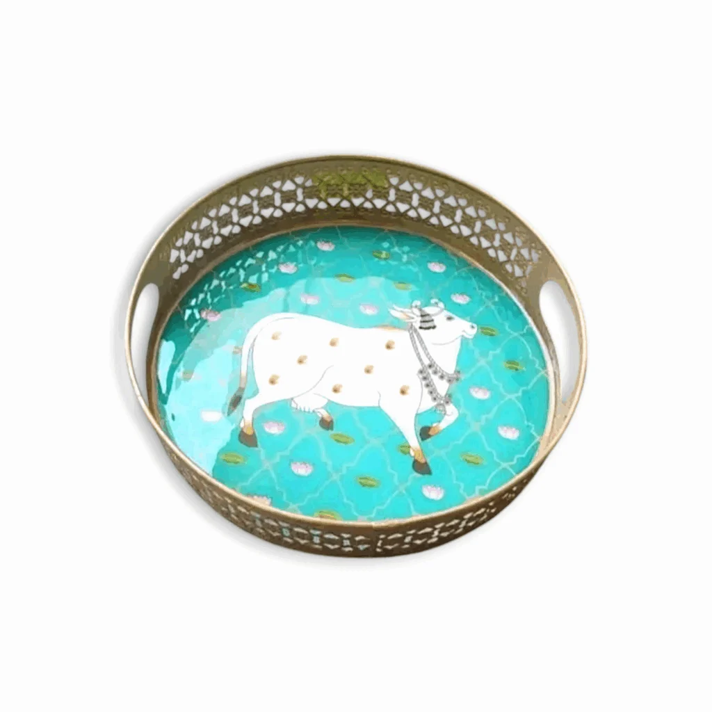 Cow Round Green Pichwai Tray - Metal Round Tray For Wedding Gift, Diwali Gift - High Glossy Resin Work Tray Best for Home Decor.
