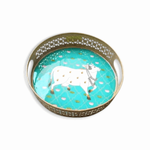 Cow Round Green Pichwai Tray -  Metal Round Tray For Wedding Gift, Diwali Gift -  High Glossy Resin Work Tray Best for Home Decor.