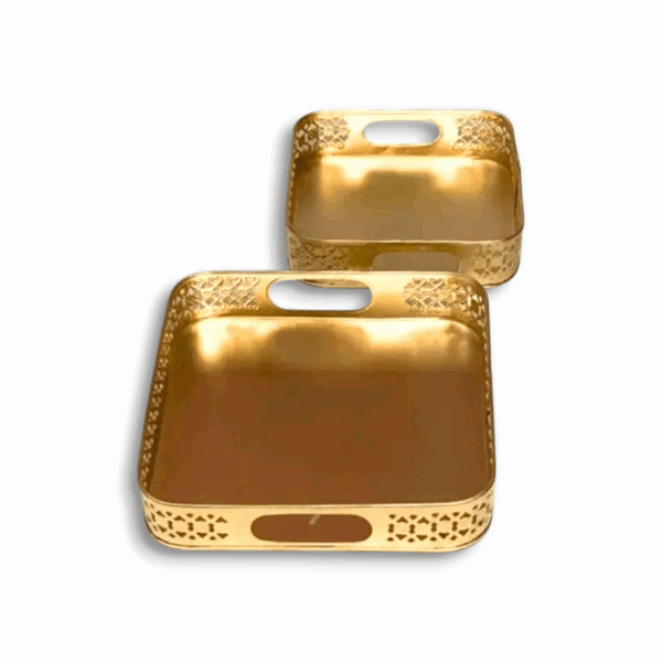Gold Serving Tray Set - Gold Tray For Puja And Home Decor - Gold Serving Tray Set Of 2. - Metal Tray For Diwali Gift. - Image 3