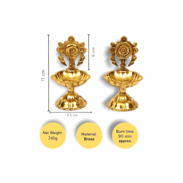 Pure Brass Shanku Chakra Diya - Small Oil Lamp for Home Temple Puja , Decor And Gifting - (4.5 inch, Set of 2) - Image 2
