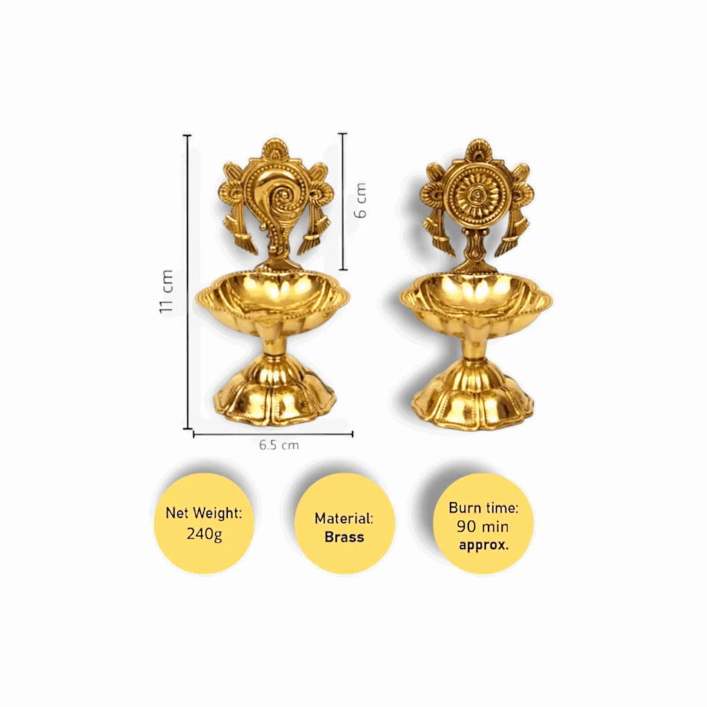 Pure Brass Shanku Chakra Diya - Small Oil Lamp for Home Temple Puja , Decor And Gifting - (4.5 inch, Set of 2) - Image 2