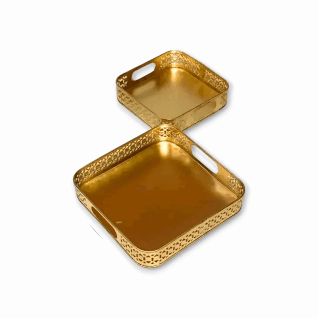 Gold Serving Tray Set - Gold Tray For Puja And Home Decor - Gold Serving Tray Set Of 2. - Metal Tray For Diwali Gift. - Image 2