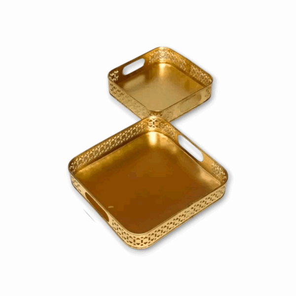 Gold Serving Tray Set - Gold Tray For Puja And Home Decor - Gold Serving Tray Set Of 2. - Metal Tray For Diwali Gift. - Image 2