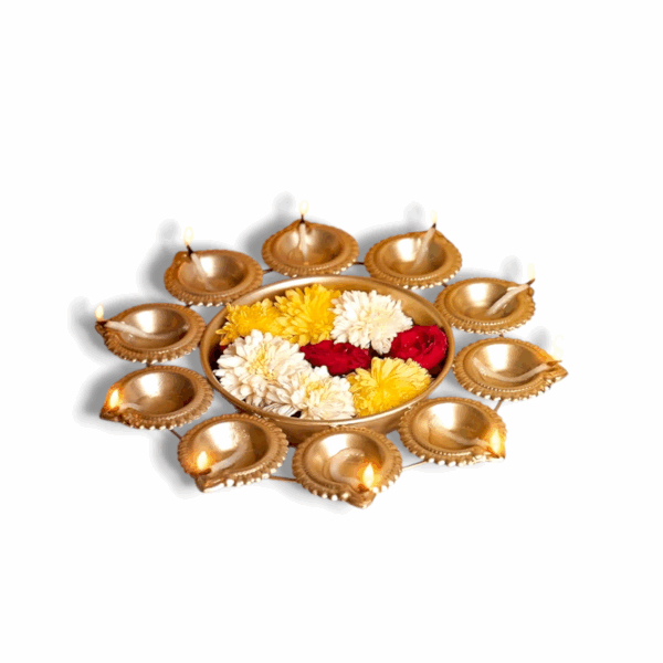 Diya With Flowers Decorative Diwali Decoration - Pooja Table Decor Festive Centerpiece - Indian Home Decor