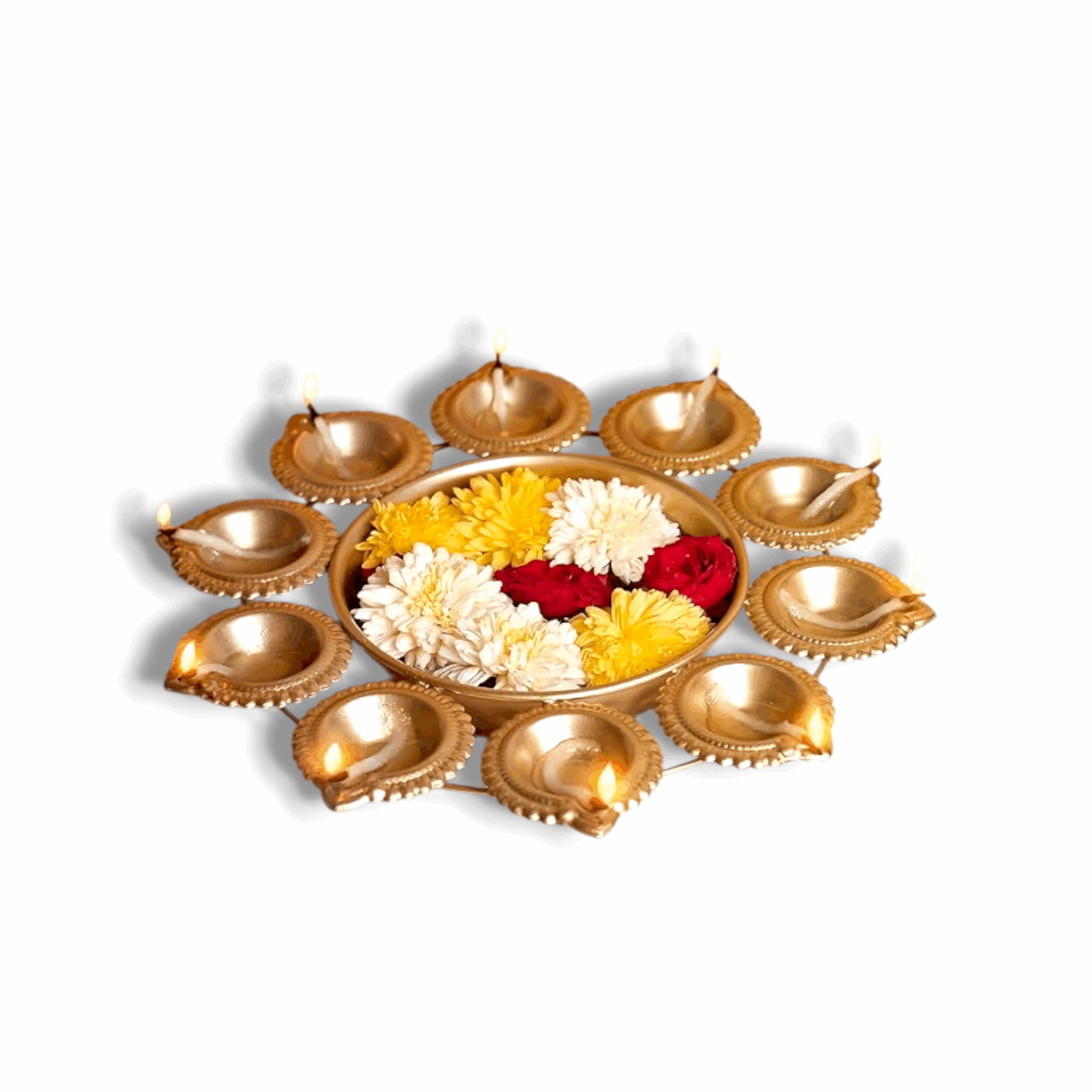 Diya With Flowers Decorative Diwali Decoration - Pooja Table Decor Festive Centerpiece - Indian Home Decor