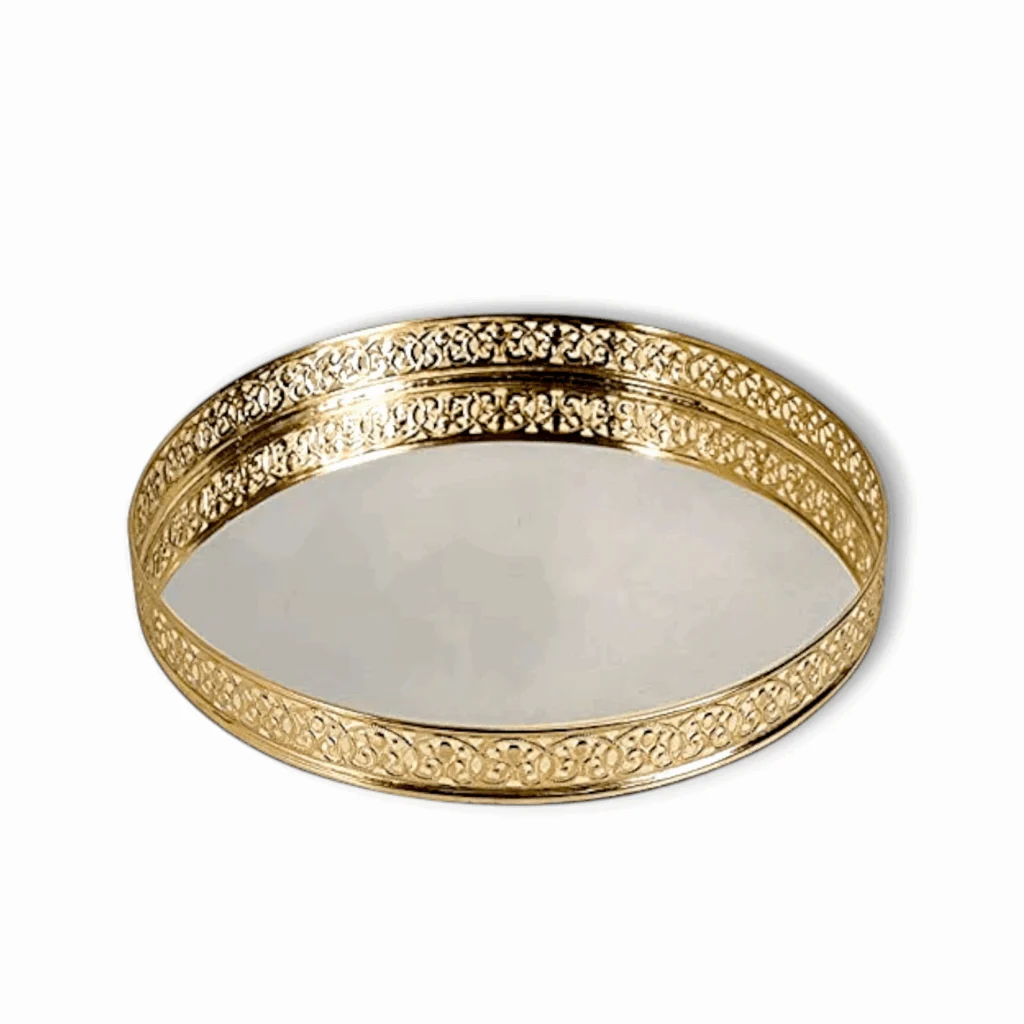 10 Inches Dia Gold Plated Round Decorative Glass Mirror Tray - For Wedding and Pooja Diwali Gifting