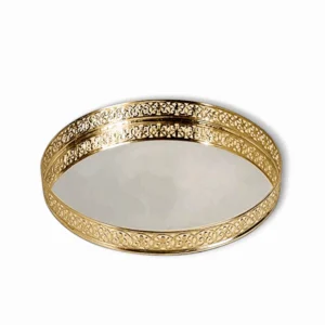 10 Inches Dia Gold Plated Round Decorative Glass Mirror Tray  - For Wedding and Pooja Diwali Gifting