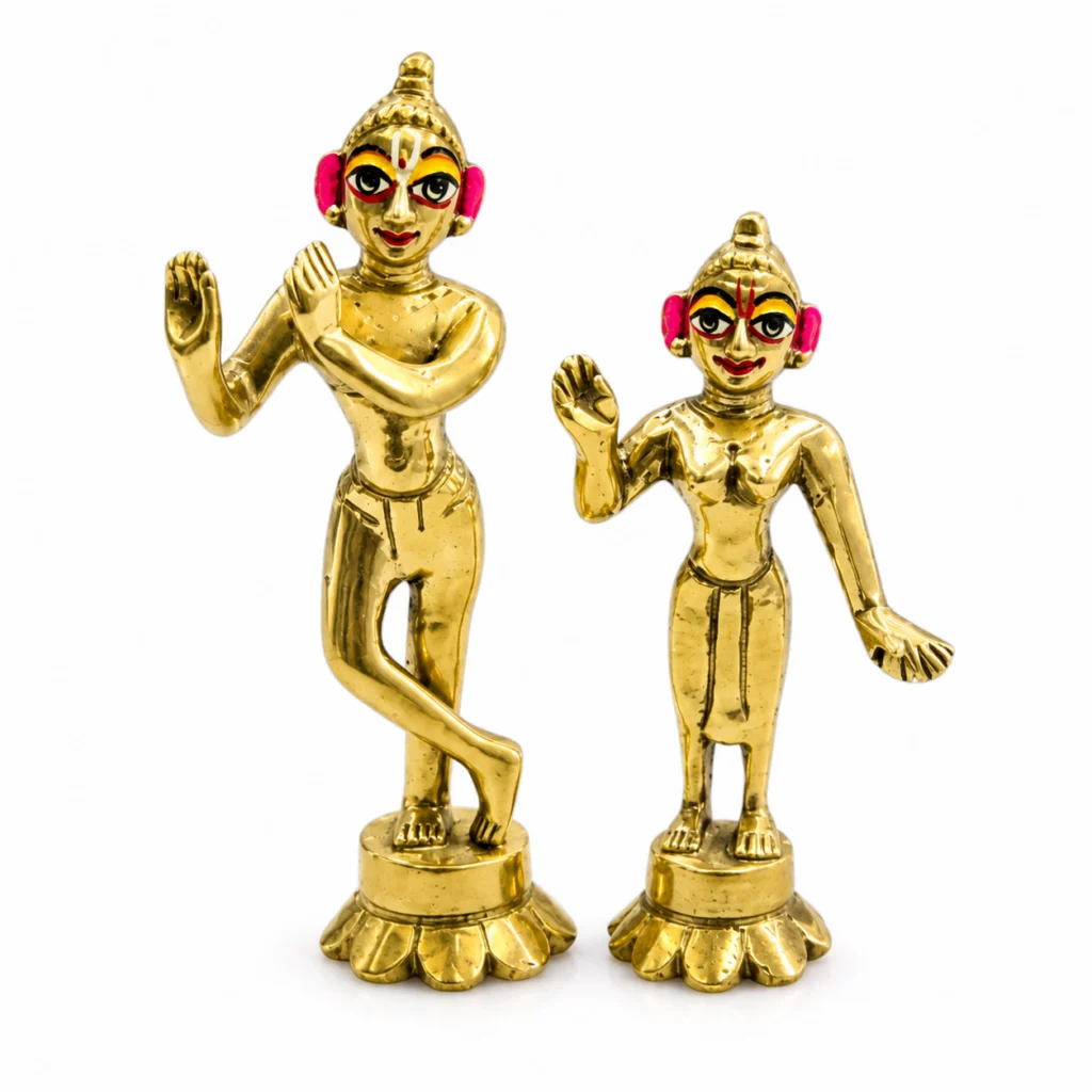 Pure Brass Radha Krishna Murti - 4.5 Inch Radhe Kishan Ji Idol with Beautiful face Makeup - Jugal Jodi For Home Temple And Decor.