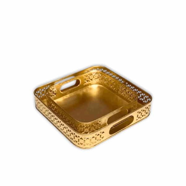 Gold Serving Tray Set - Gold Tray For Puja And Home Decor - Gold Serving Tray Set Of 2. - Metal Tray For Diwali Gift.