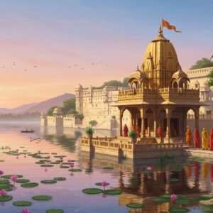 An enchanting digital artwork depicting a serene morning scene in Udaipur. The foreground features an intricately designed traditional Indian temple with golden and maroon hues, surrounded by lush greenery and blooming lotus flowers on a calm water surface. In the background, the famous Lake Pichola reflects the soft glow of the rising sun, casting a warm, ethereal light across the landscape. Traditional Rajasthani architecture with detailed carvings can be seen along the lakeside. A group of Indian pilgrims, dressed in vibrant, modern attire that merges traditional and contemporary styles, are seen walking towards the temple, their silhouettes illuminated by the soft pastel-colored sky. The scene is infused with a sense of tranquility, spirituality, and cultural heritage, inviting readers to embark on their own peaceful journey through Udaipur.
