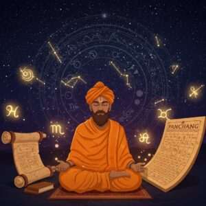 A serene and mystical digital illustration of an Indian astrologer, adorned in a traditional saffron dhoti and shawl, sitting cross-legged under a night sky filled with twinkling stars and constellations. He is surrounded by ancient scrolls and a glowing Panchang calendar, with celestial symbols floating around him. In the background, a large, ethereal mandala made of stars radiates softly, casting a tranquil glow. The color palette includes deep indigo, soft gold, and hints of maroon, creating a harmonious blend of tradition and modernity. The scene captures the essence of spiritual connection with the cosmos, inviting viewers to delve into the mysteries of Hindu astrology.