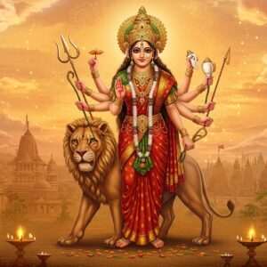 A majestic depiction of Goddess Durga, adorned in a vibrant red and gold saree, standing powerfully on a lion amidst a swirling backdrop of ethereal, glowing lights. She has ten arms, each holding symbolic weapons including a trident, conch shell, and lotus flower. Her serene yet fierce expression conveys strength and protection. Surrounding her are intricate patterns of mandalas and lotus flowers, bathed in warm golden and saffron hues. The scene is infused with modern digital aesthetics while preserving traditional Indian art forms like Madhubani and Pattachitra, creating a harmonious blend of the ancient and contemporary. The background features soft pastel clouds and faint silhouettes of temples, evoking a sense of spiritual grandeur and celebration.